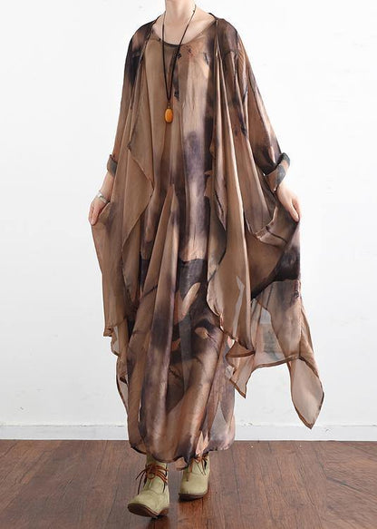 Italian O Neck Asymmetric Quilting Clothes Photography Khaki Print Traveling Dresses