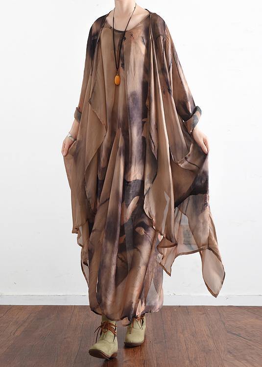 Italian O Neck Asymmetric Quilting Clothes Photography Khaki Print Traveling Dresses