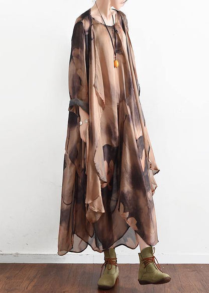 Italian O Neck Asymmetric Quilting Clothes Photography Khaki Print Traveling Dresses