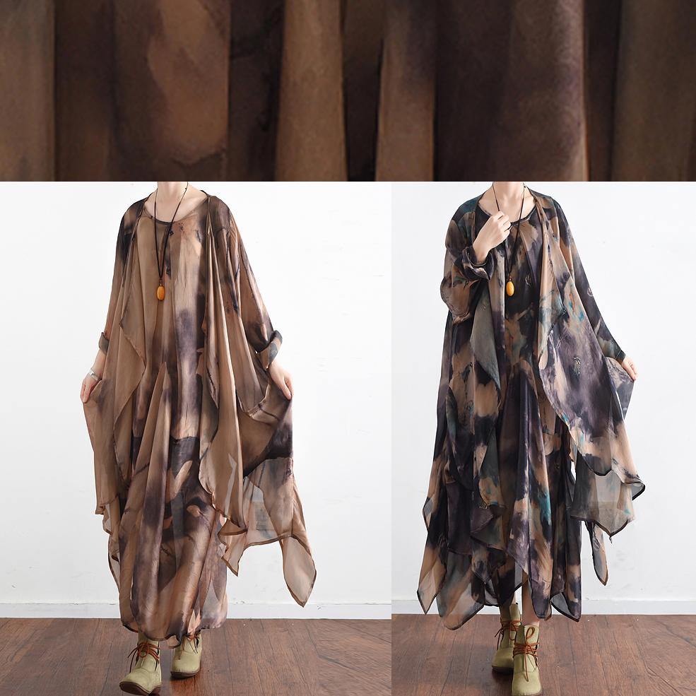 Italian O Neck Asymmetric Quilting Clothes Photography Khaki Print Traveling Dresses