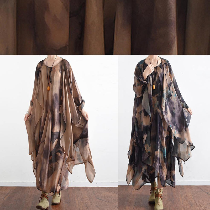 Italian O Neck Asymmetric Quilting Clothes Photography Khaki Print Traveling Dresses