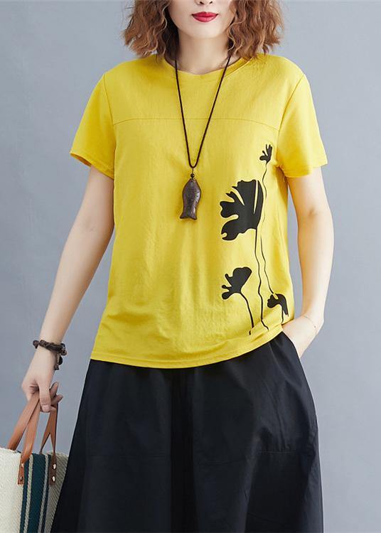 Italian O Neck Cotton Tunic Top Photography Yellow Print Shirts Summer