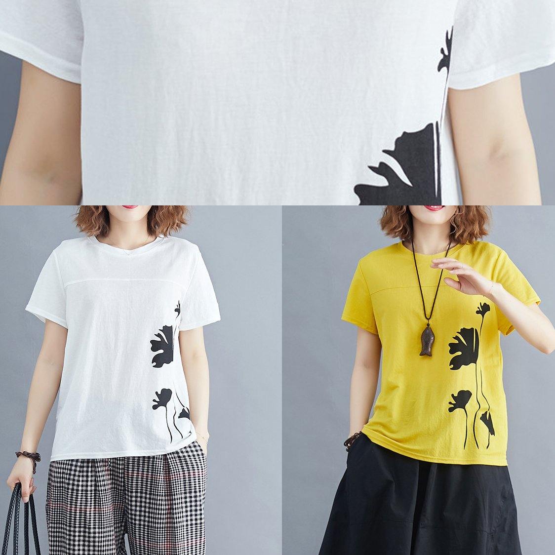 Italian O Neck Cotton Tunic Top Photography Yellow Print Shirts Summer