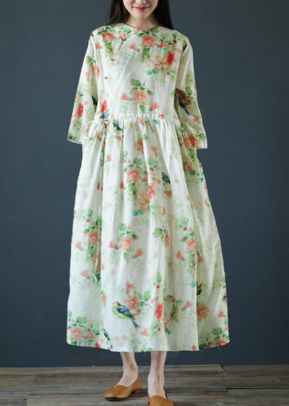 Italian O Neck Drawstring Linen Clothes for Inspiration Green Print Dresses