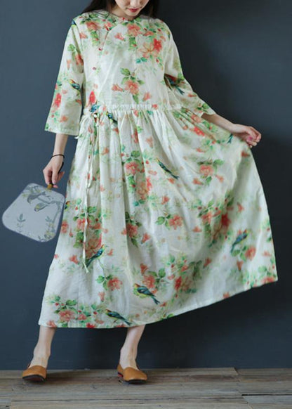 Italian O Neck Drawstring Linen Clothes for Inspiration Green Print Dresses