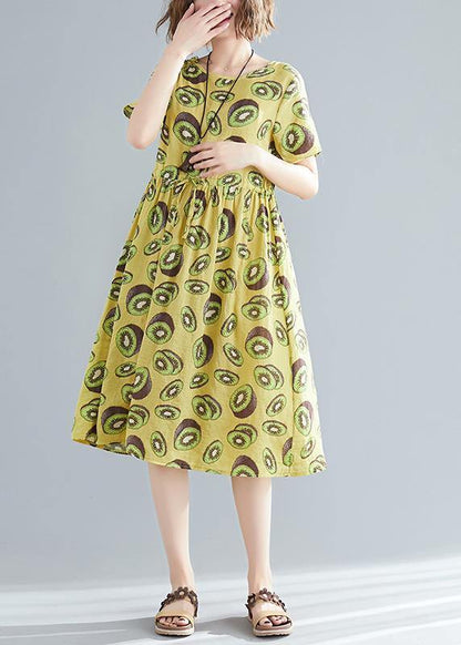Italian O Neck Drawstring Linen Cotton Dress Outfits Yellow Print Daily Dress Summer