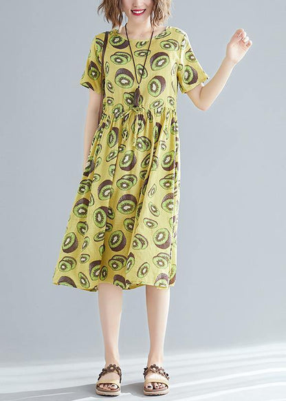 Italian O Neck Drawstring Linen Cotton Dress Outfits Yellow Print Daily Dress Summer