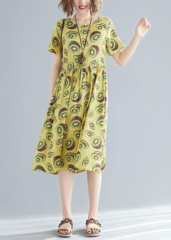 Italian O Neck Drawstring Linen Cotton Dress Outfits Yellow Print Daily Dress Summer