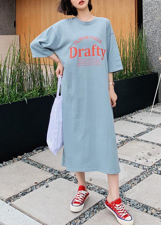 Italian O Neck Half Sleeve Dress Work Blue Letter Robe Dresses
