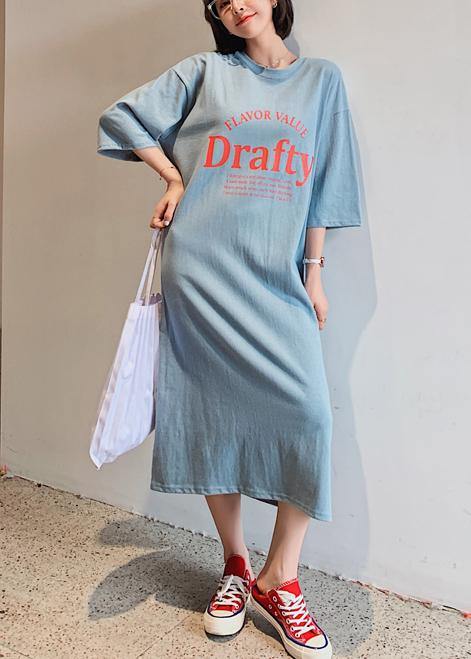 Italian O Neck Half Sleeve Dress Work Blue Letter Robe Dresses