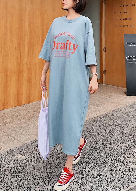 Italian O Neck Half Sleeve Dress Work Blue Letter Robe Dresses