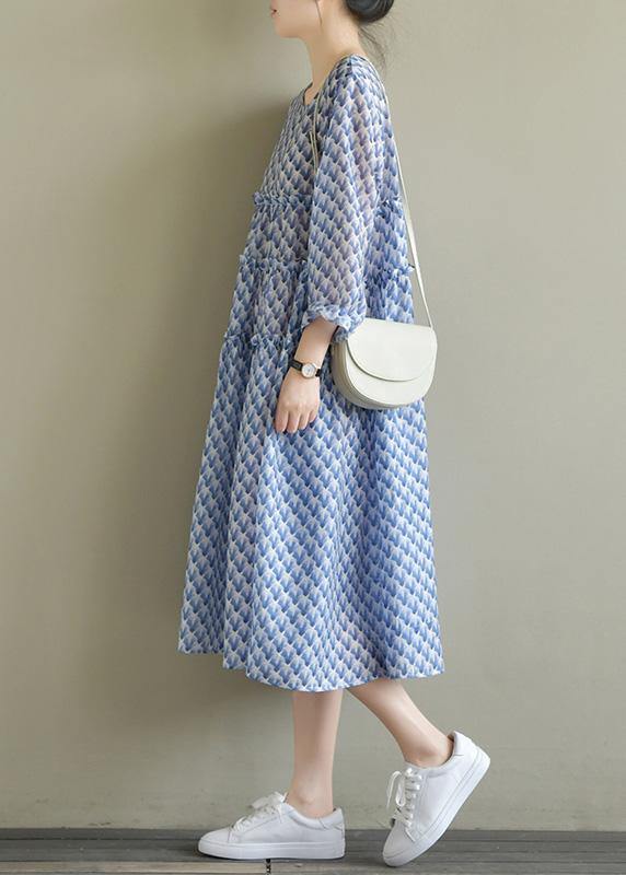 Italian O Neck Large Hem Chiffon Dress Fine Wardrobes Blue Print Art Dress Summer