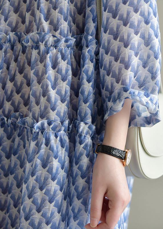 Italian O Neck Large Hem Chiffon Dress Fine Wardrobes Blue Print Art Dress Summer