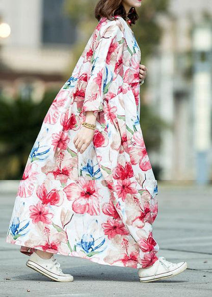 Italian O Neck Large Hem Linen Cotton Long Dress White Print Dresses Summer