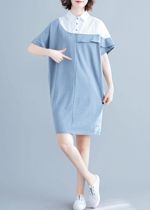 Italian O Neck Patchwork Cotton Tunics Light Blue Dress Summer