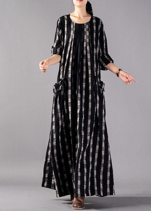 Italian O Neck Pockets Linen Clothes Runway Black Plaid Dresses Fall