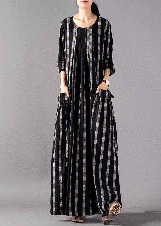 Italian O Neck Pockets Linen Clothes Runway Black Plaid Dresses Fall