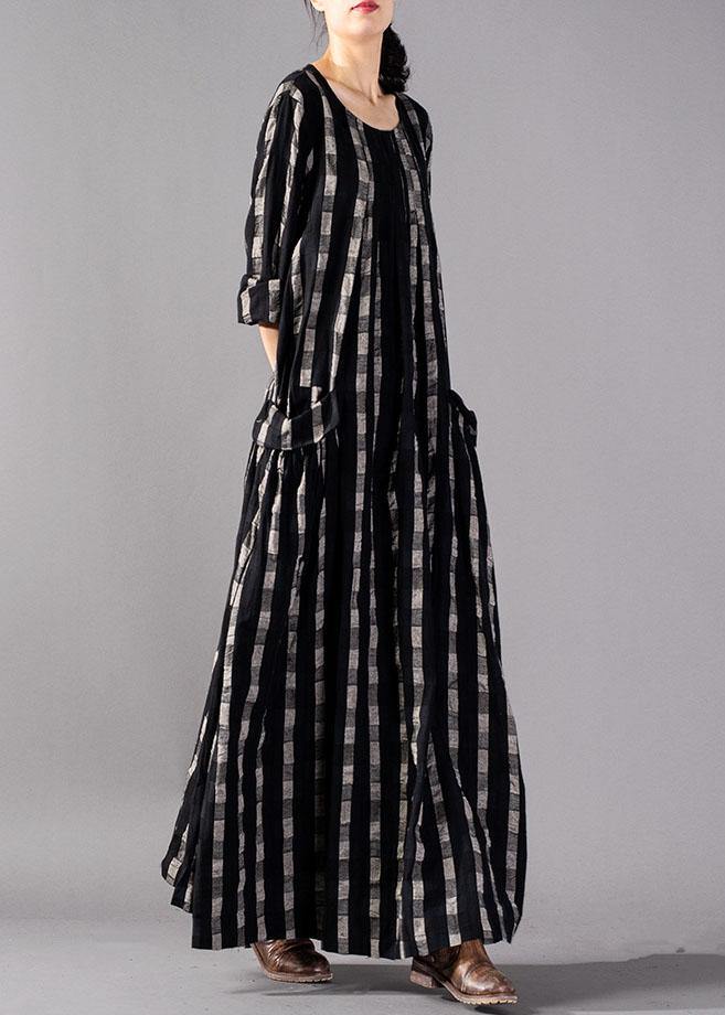 Italian O Neck Pockets Linen Clothes Runway Black Plaid Dresses Fall