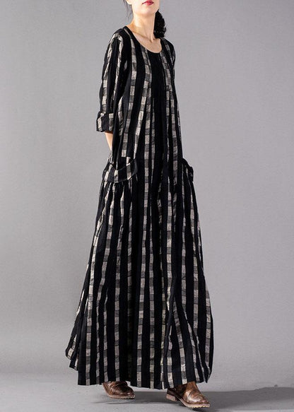 Italian O Neck Pockets Linen Clothes Runway Black Plaid Dresses Fall