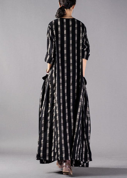 Italian O Neck Pockets Linen Clothes Runway Black Plaid Dresses Fall