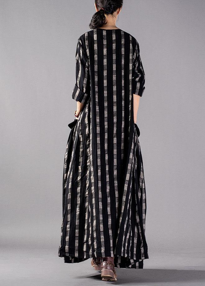 Italian O Neck Pockets Linen Clothes Runway Black Plaid Dresses Fall