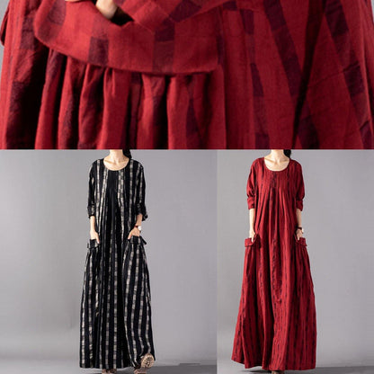 Italian O Neck Pockets Linen Clothes Runway Black Plaid Dresses Fall
