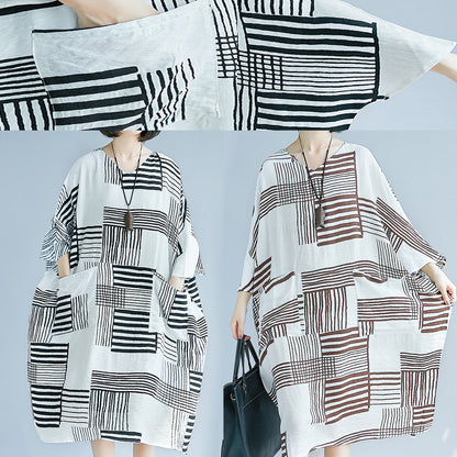Italian O Neck Pockets Chiffon Quilting Clothes Runway Brown Oversized Dress Summer