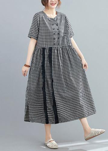 Italian O Neck Side Open Linen Long Wardrobes Black Plaid Dresses