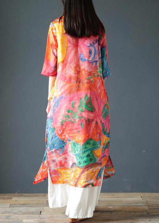 Italian Orange Print Linen Clothes for O Neck Half Sleeve Kaftan Summer Dresses