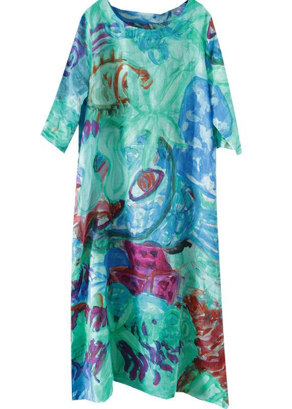 Italian Orange Print Linen Clothes for O Neck Half Sleeve Kaftan Summer Dresses