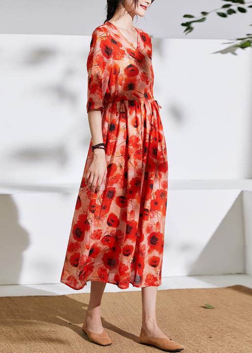 Italian Orange Print Linen Dress V Neck Patchwork Long Dress