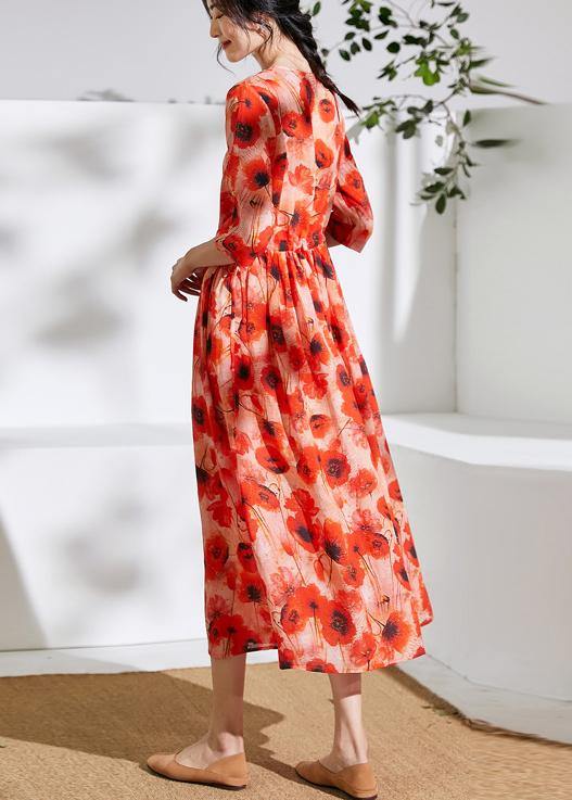 Italian Orange Print Linen Dress V Neck Patchwork Long Dress