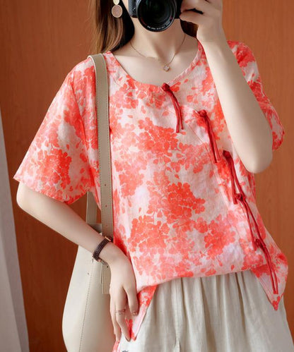 Italian Orange Red Print Top O Neck Patchwork Dresses Blouses