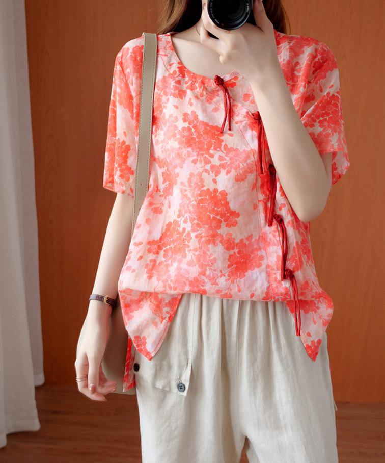 Italian Orange Red Print Top O Neck Patchwork Dresses Blouses