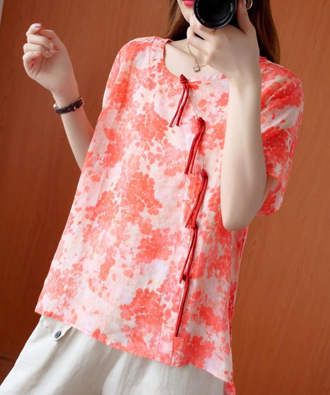 Italian Orange Red Print Top O Neck Patchwork Dresses Blouses