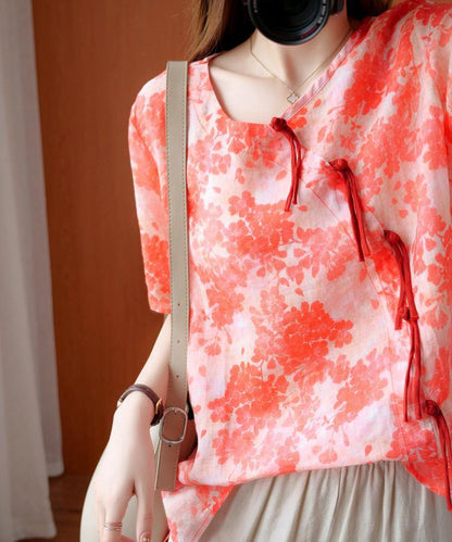 Italian Orange Red Print Top O Neck Patchwork Dresses Blouses