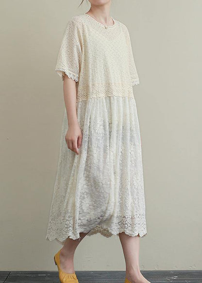 Italian Patchwork Hollow Out Cotton Clothes Outfits Beige Embroidery Dresses