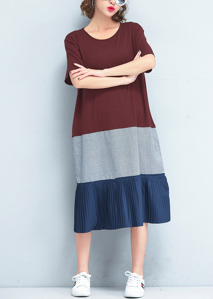 Italian Patchwork O Neck Cotton Clothes Stylish Fabrics Red Maxi Dresses Summer