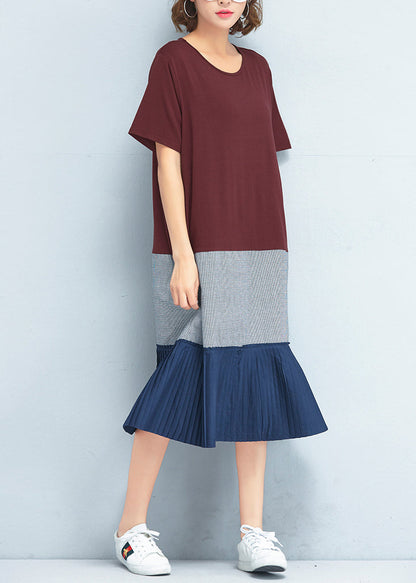 Italian Patchwork O Neck Cotton Clothes Stylish Fabrics Red Maxi Dresses Summer