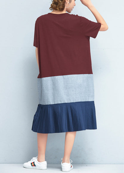 Italian Patchwork O Neck Cotton Clothes Stylish Fabrics Red Maxi Dresses Summer