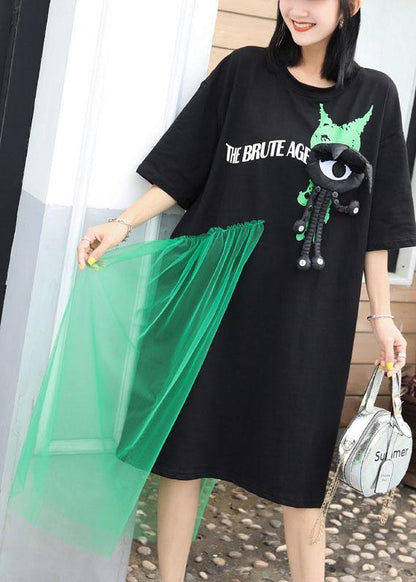 Italian Patchwork Tulle Cotton Tunics Wardrobes Black Prints Long Dress Summer