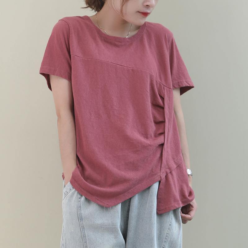 Italian Pink Cotton Clothes for O Neck Asymmetric Baggy Blouse