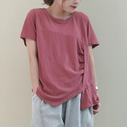 Italian Pink Cotton Clothes for O Neck Asymmetric Baggy Blouse