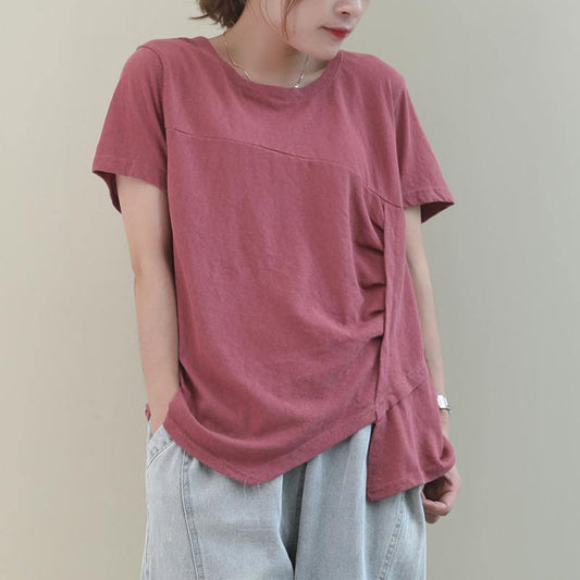 Italian Pink Cotton Clothes for O Neck Asymmetric Baggy Blouse