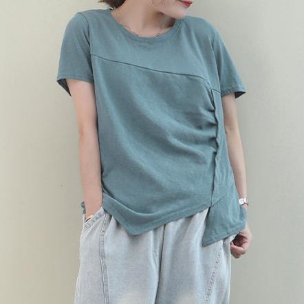 Italian Pink Cotton Clothes for O Neck Asymmetric Baggy Blouse