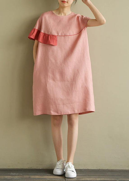 Italian Pink Linen Wardrobes O Neck Patchwork Baggy Summer Dress