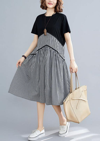 Italian Plaid Cotton Linen Clothes O Neck Patchwork Loose Summer Dress