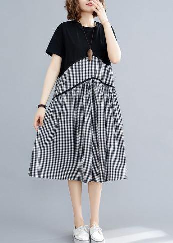 Italian Plaid Cotton Linen Clothes O Neck Patchwork Loose Summer Dress