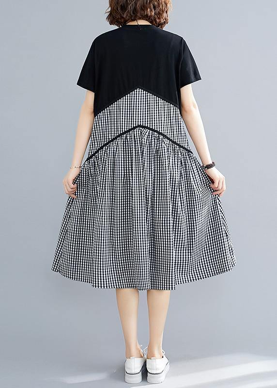 Italian Plaid Cotton Linen Clothes O Neck Patchwork Loose Summer Dress