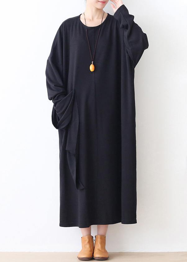 Italian Pockets O Neck Clothes for Work Outfits Black Robes Dresses